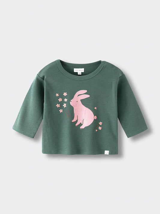 Green long sleeve shirt with pink rabbit and flower graphic Baby Feature Print Long Sleeve Tee - Meadow Friends Baby girl