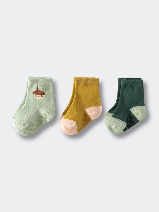 Three ribbed baby socks in green, mustard yellow, and teal with contrasting heels and toes Baby Socks -3 Pack - Acorn Baby girl