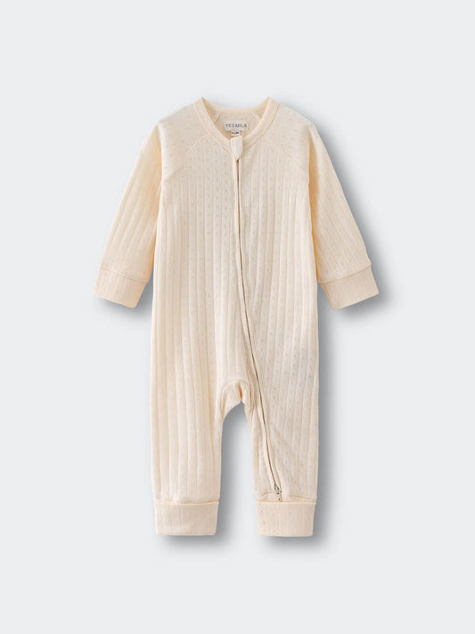 Beige baby onesie on a light gray background Pointelle Long Sleeve One Piece - Ecru Baby boy