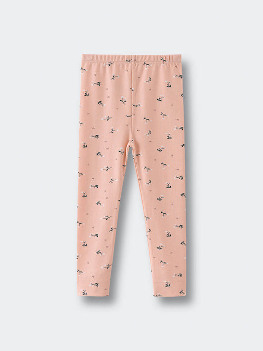 Pink leggings with small bird and flower print pattern Printed Leggings - Wild Meadow Mallow Girls
