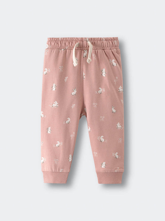 Pink sweatpants with white bunny and flower print on gray background Printed Sweatpants - Meadow Friends Blush Baby girl