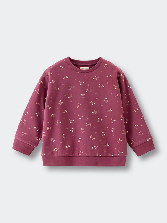 Purple sweatshirt with small floral print pattern and ribbed cuffs Printed Sweatshirt - Wild Meadow Plum Jam Girls
