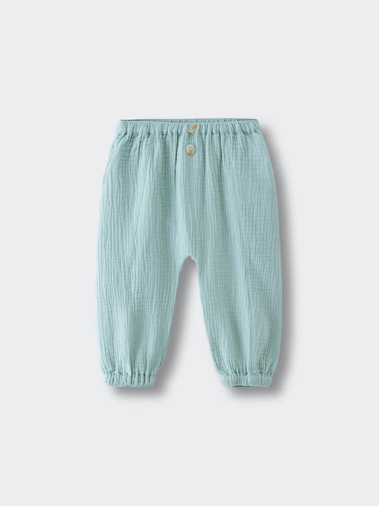 Light blue-green textured pants with elastic waist and two buttons Baby Muslin Pants - Calla Green Baby boy
