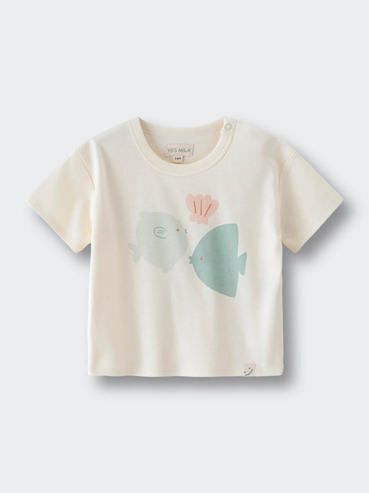 Cream colored baby tee with fish and coral graphic print Feature Print Short Sleeve Tee - Angel Fish Baby girl