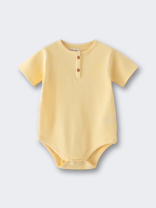 Yellow ribbed baby bodysuit with button placket laid flat Henley Short Sleeve Bodysuit - Sun Soaked Baby girl