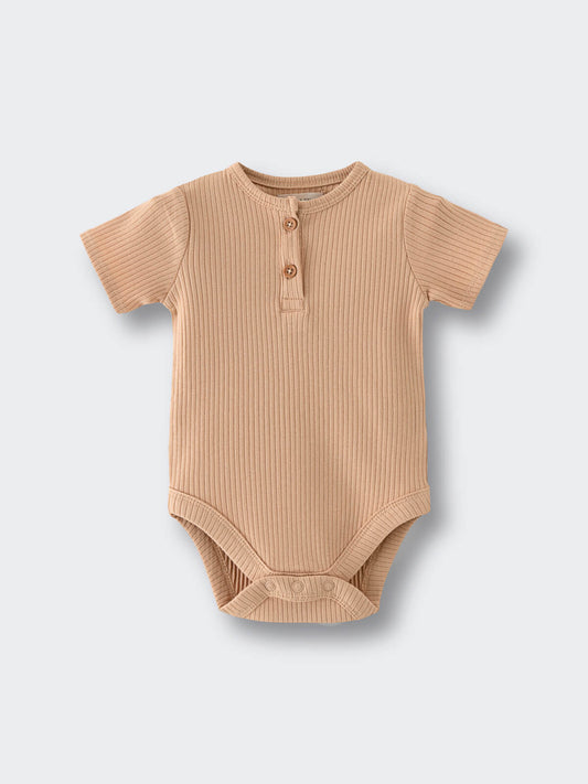 Ribbed beige baby bodysuit with short sleeves and two buttons at neck Henley Short Sleeve Bodysuit - Sand Baby boy
