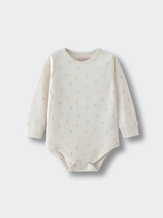 Cream-colored baby bodysuit with small floral print pattern on light background Long Sleeve Bodysuit - Spring Bloom Baby girl
