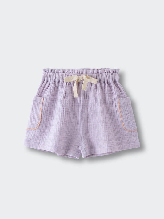 Lavender textured muslin shorts with cream drawstring and front pockets on white background Shorts - Lilac Girls
