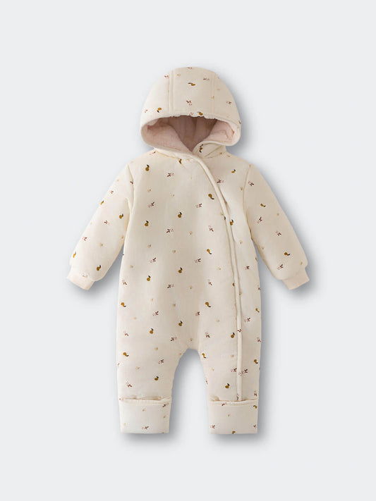 Cream hooded baby pram suit with fruit pattern on a light gray Printed Pram Suit - Autumn Harvest Ecru Baby girl