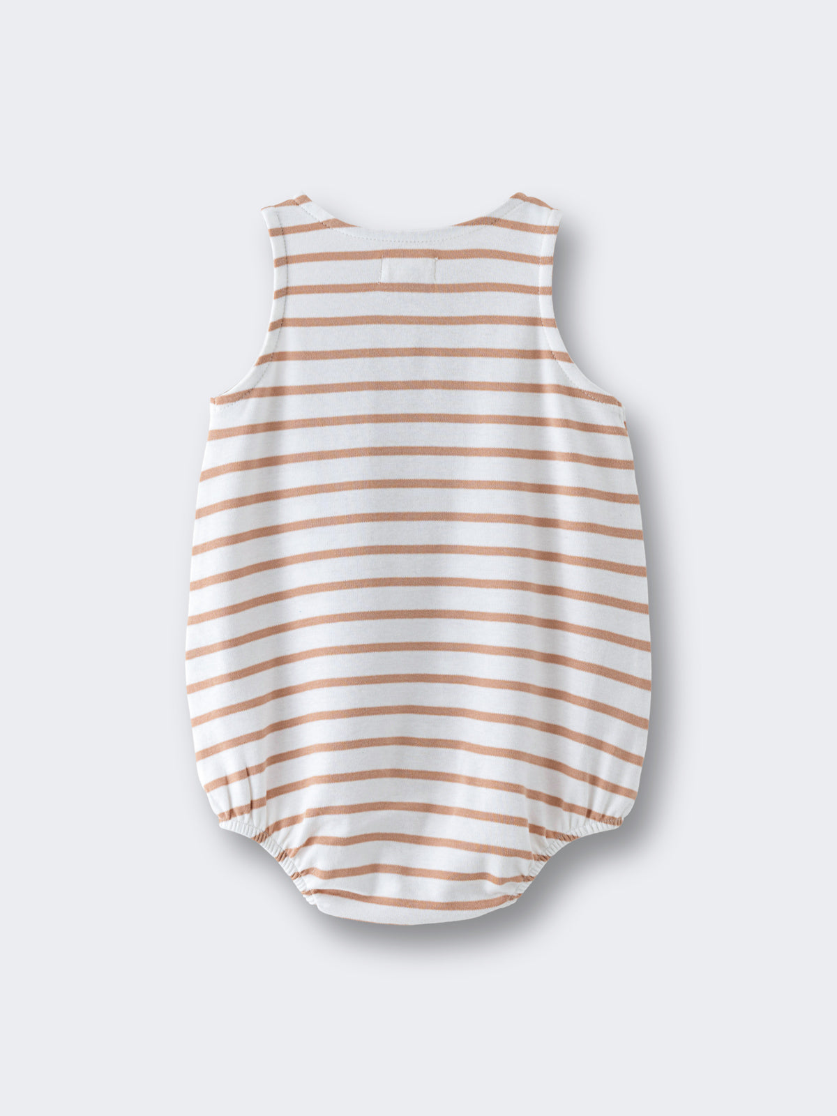 Sleeveless baby romper with horizontal tan and white stripes on white background Sleeveless Romper - Sand Stripe Baby boy
