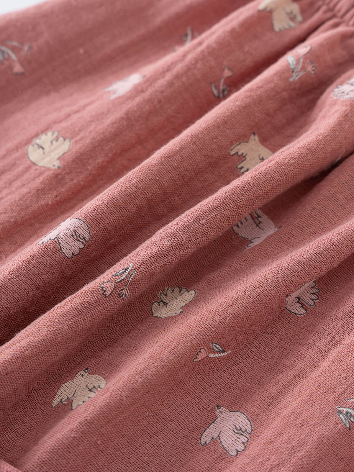 Close-up of pink fabric with small bear prints Woven Skirt - Bird And Blossom Rosehip Girls