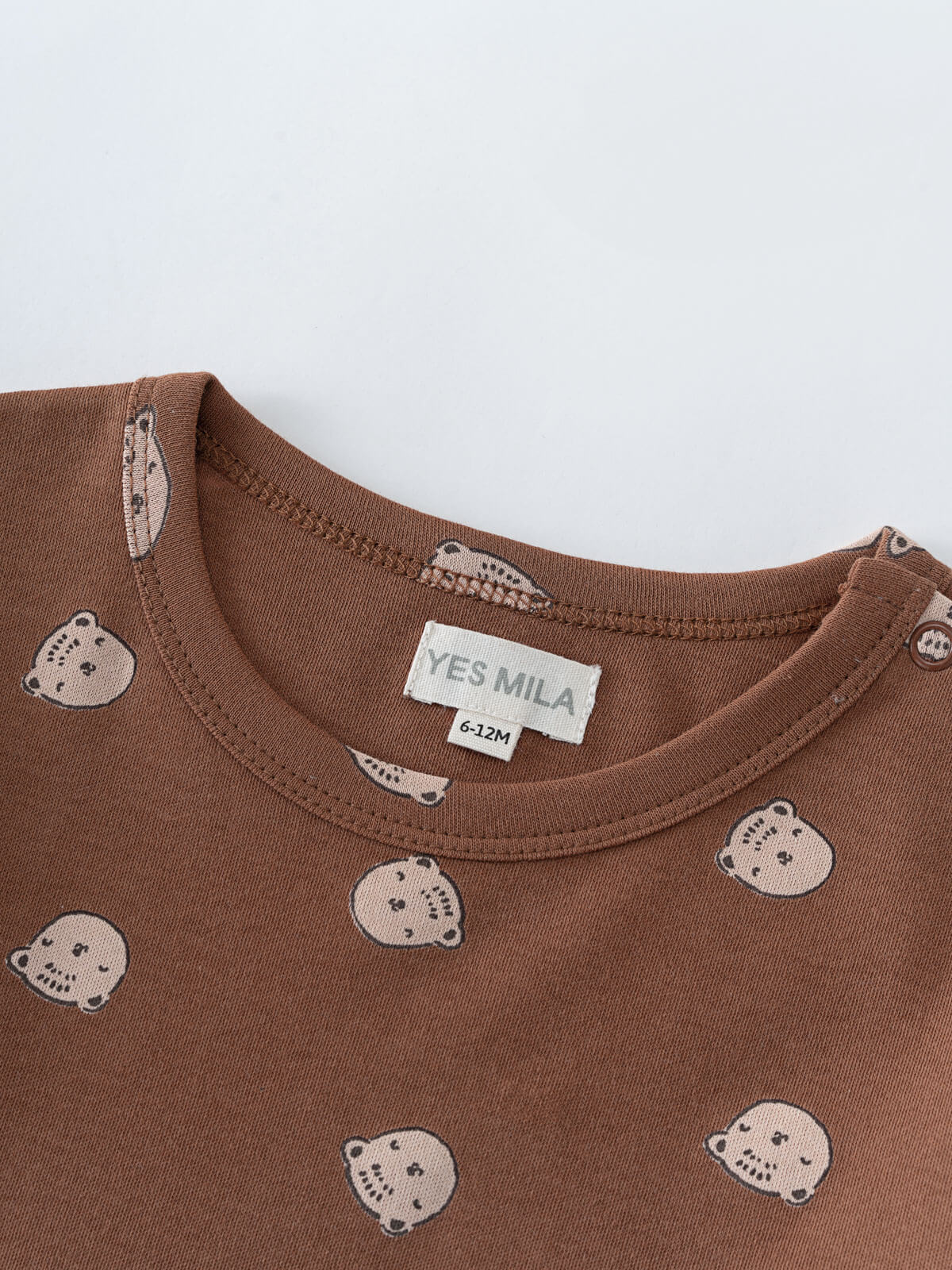 Brown cotton tee with small bear face print pattern for babies Baby Printed Long Sleeve Tee - Cosy Bear Russet Baby boy