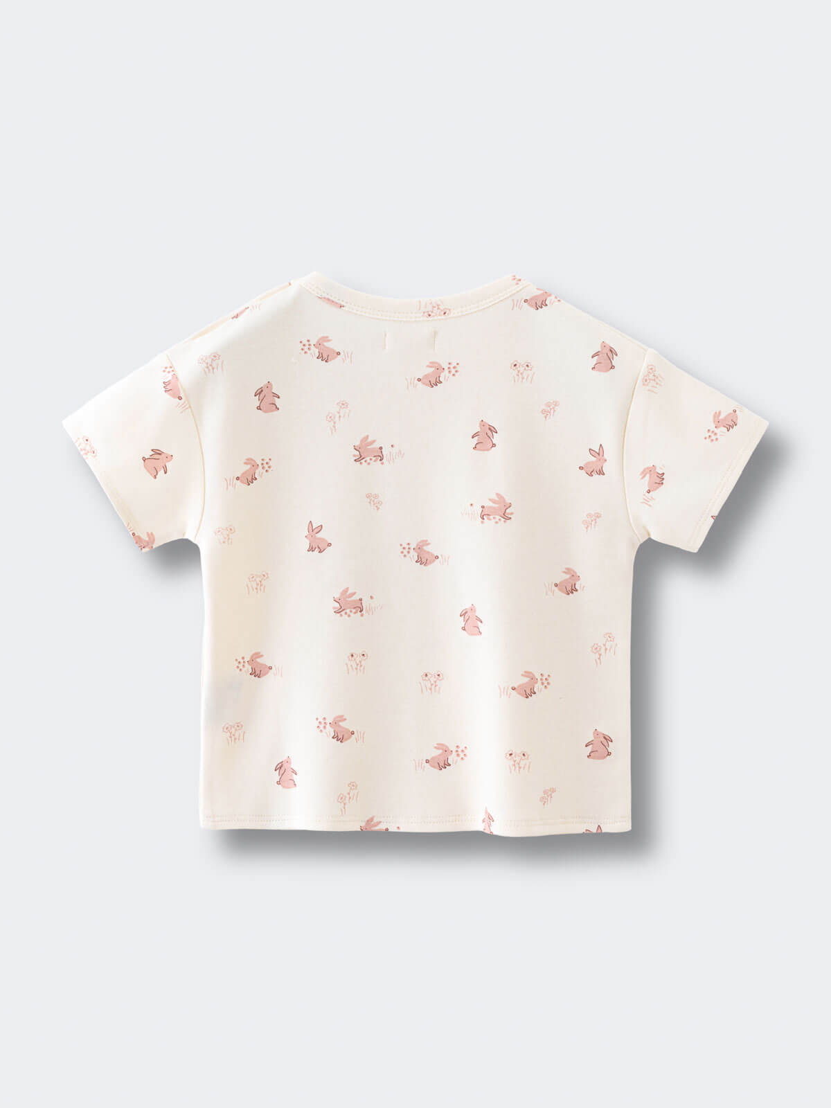 Baby tee with pink bunny print pattern laid flat on light background Baby Printed Short Sleeve Tee - Meadow Friends Ecru Baby girl