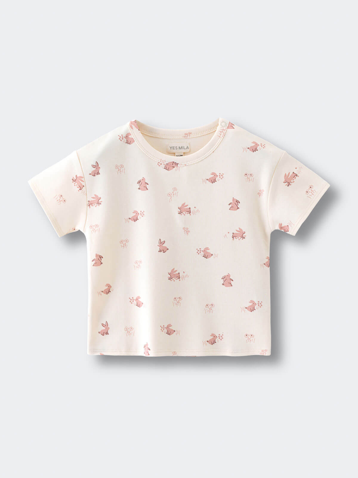 Cream-colored baby t-shirt with pink rabbit print pattern Baby Printed Short Sleeve Tee - Meadow Friends Ecru Baby girl
