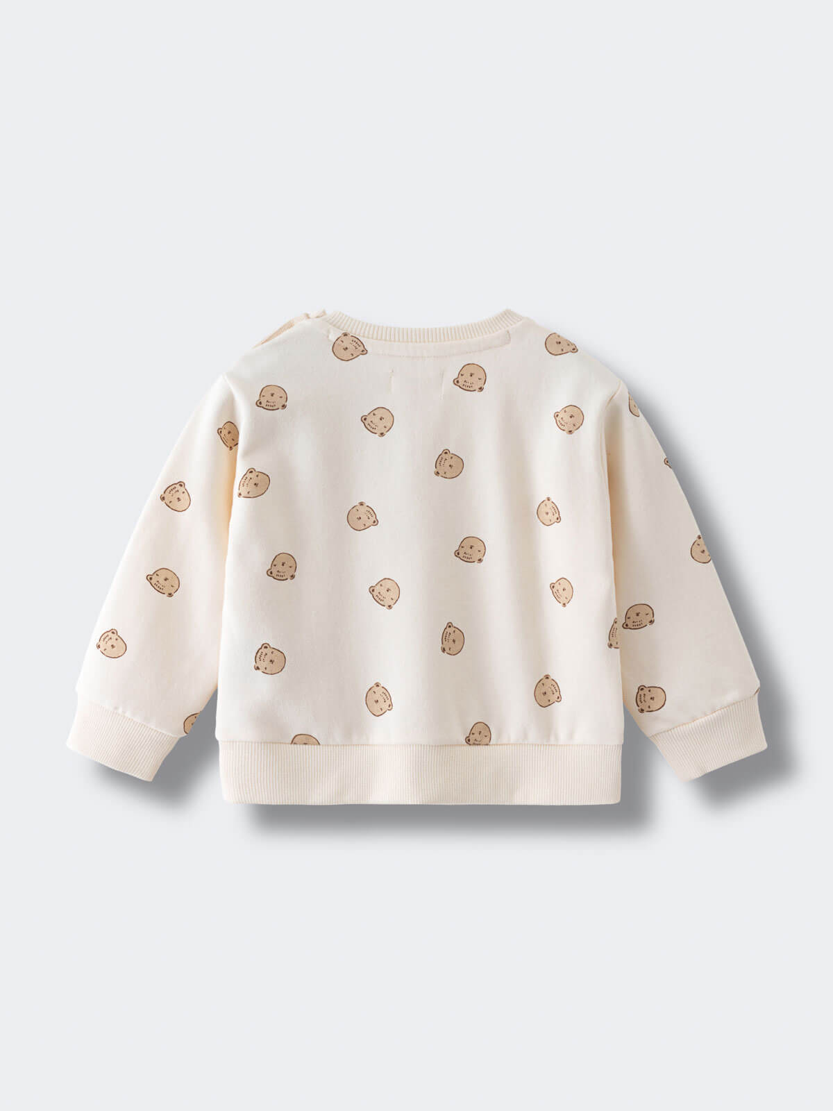 Cream sweatshirt with brown bear face print pattern laid flat Baby Printed Sweatshirt - Cosy Bear Ecru Baby boy