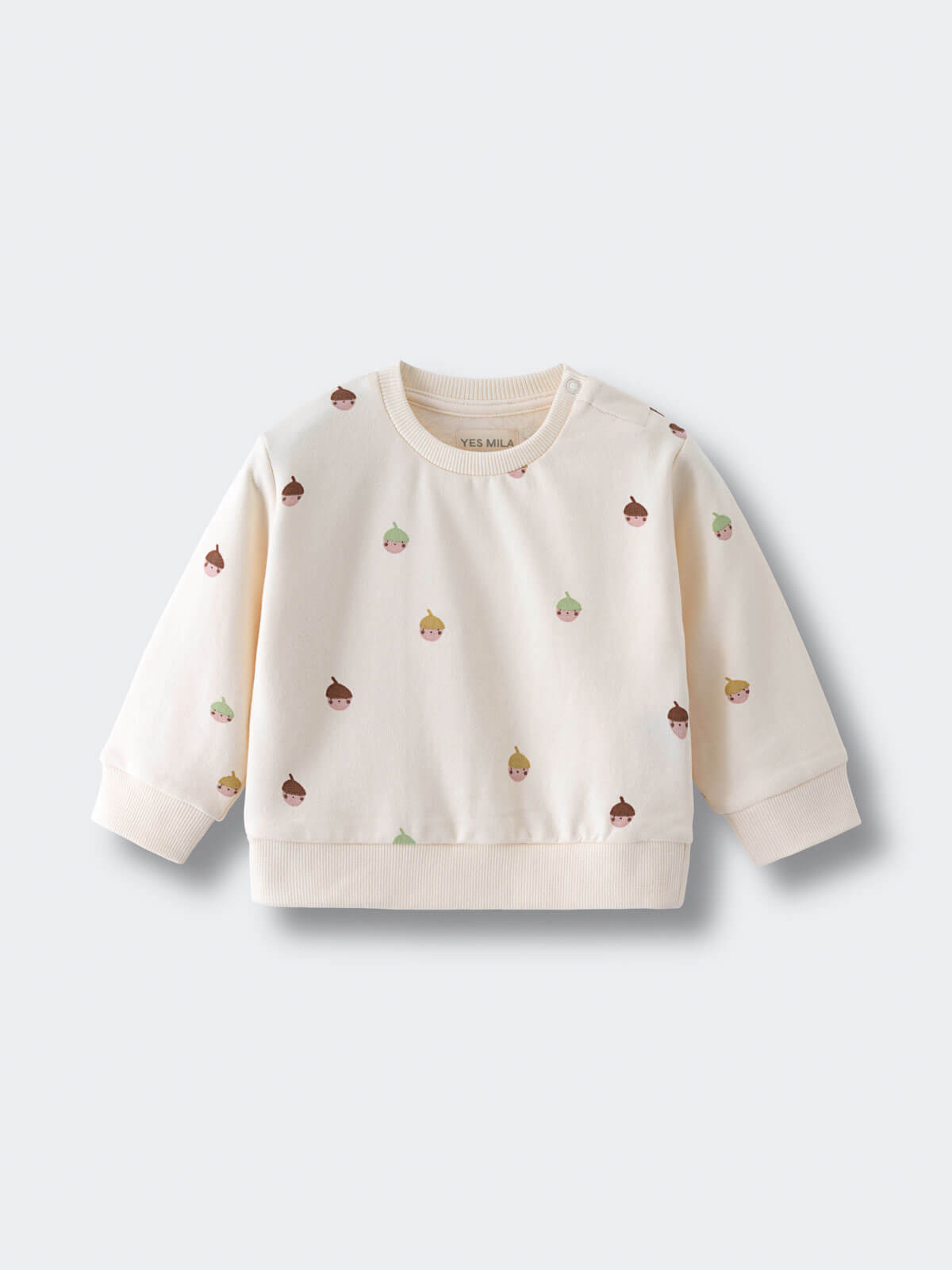 Cream-colored sweatshirt with small acorn print pattern scattered throughout Baby Printed Sweatshirt - Little Acorn Ecru Baby girl