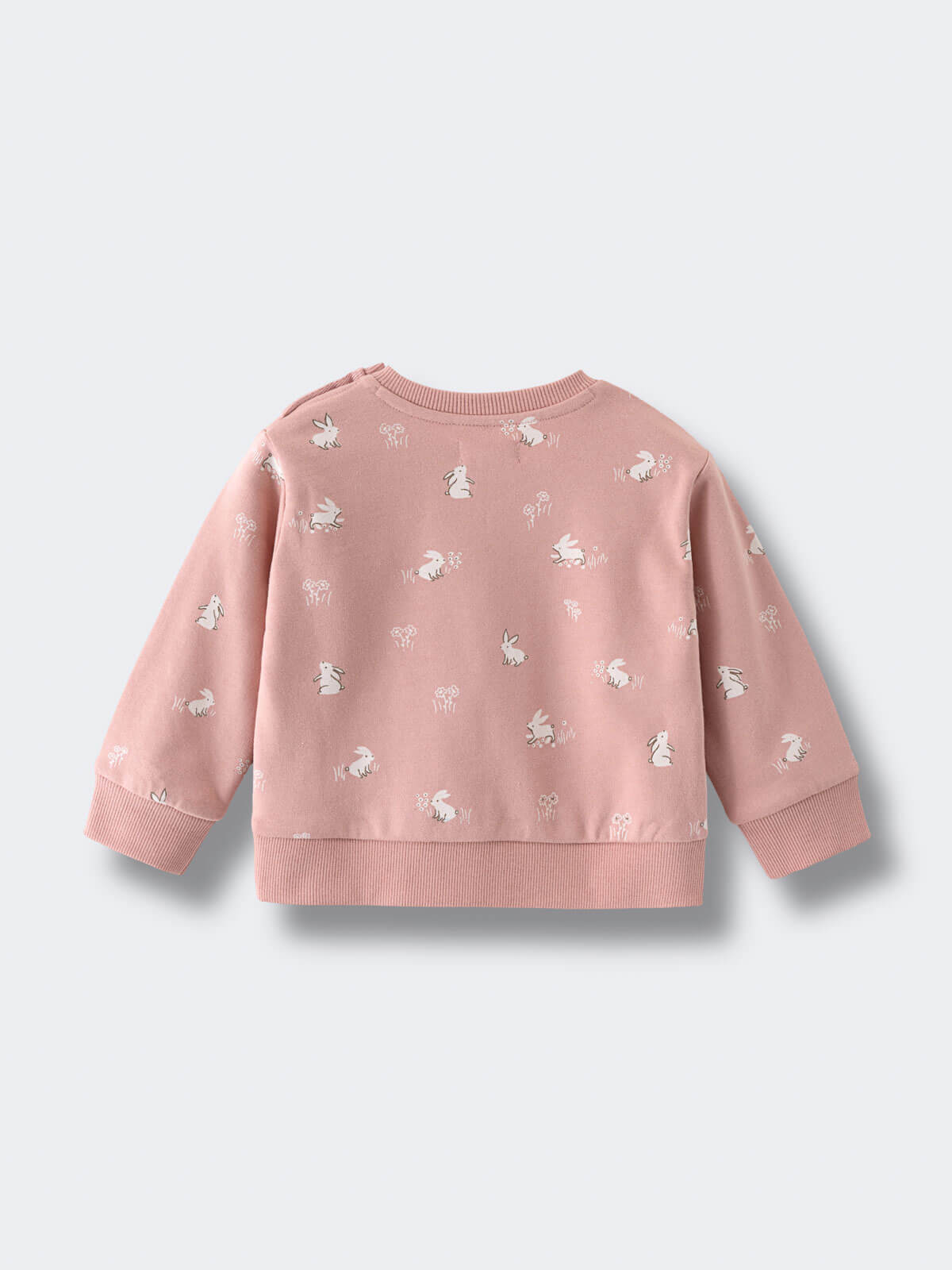 Pink sweatshirt with white rabbit and flower print pattern laid flat Baby Printed Sweatshirt - Meadow Friends Blush Baby girl