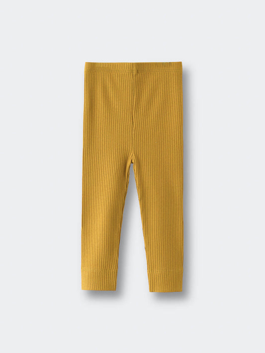Golden ribbed baby leggings laid flat on a light surface Baby Ribbed Leggings - Golden Pear Baby boy