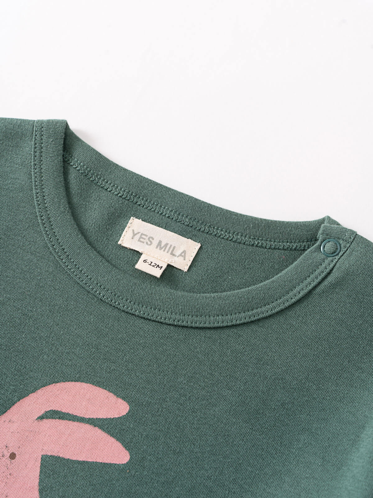 Close-up of a green shirt collar with pink graphic detail Baby Feature Print Long Sleeve Tee - Meadow Friends Baby girl