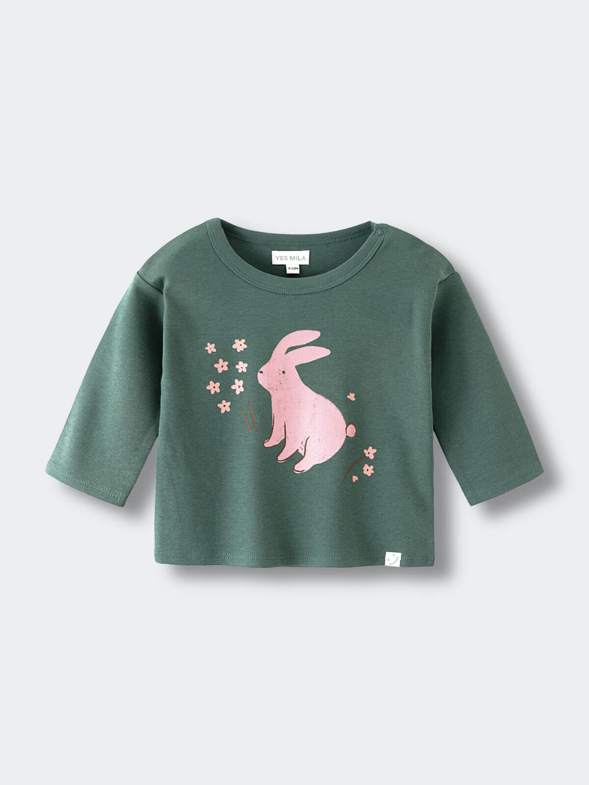 Green long sleeve shirt with pink rabbit and flower graphic Baby Feature Print Long Sleeve Tee - Meadow Friends Baby girl