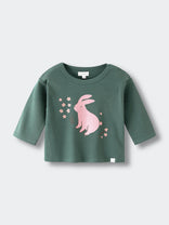Green long sleeve shirt with pink rabbit and flower graphic Baby Feature Print Long Sleeve Tee - Meadow Friends Baby girl