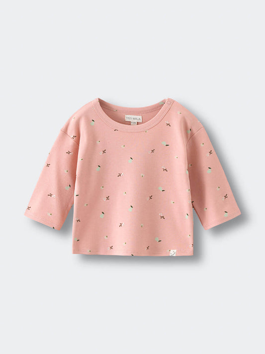 Pink baby sweater with small patterns on a light gray background Baby Printed Long Sleeve Tee - Autumn Harvest Rosehip Baby girl