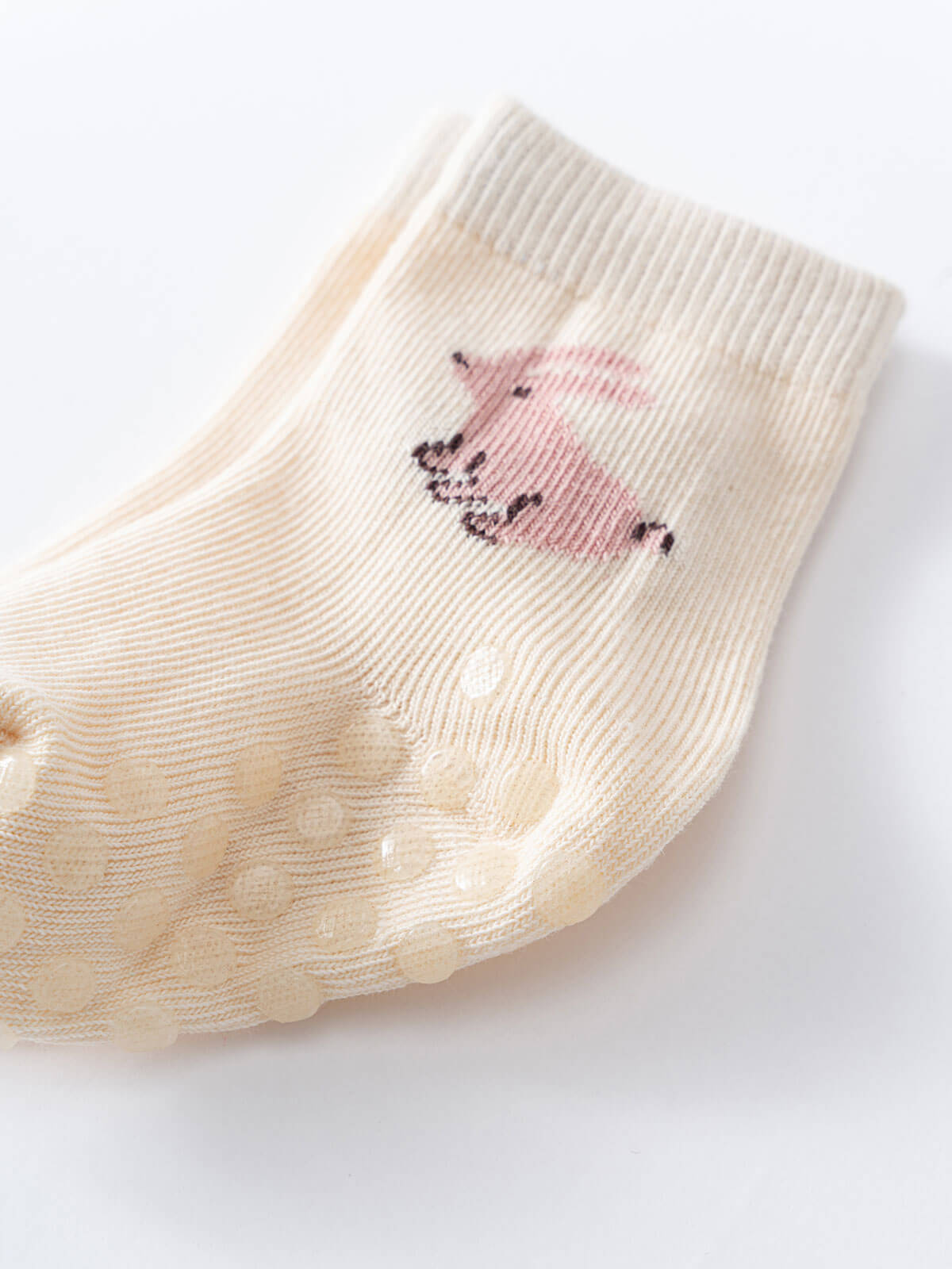 Cream-colored baby sock with pink bunny design on ribbed knit fabric Baby Socks -3 Pack - Baby Bunny Baby boy