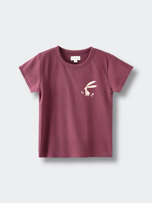 Mauve short sleeve t-shirt with cream bunny graphic on chest Feature Print Short Sleeve Tee - Forest Gathering Girls