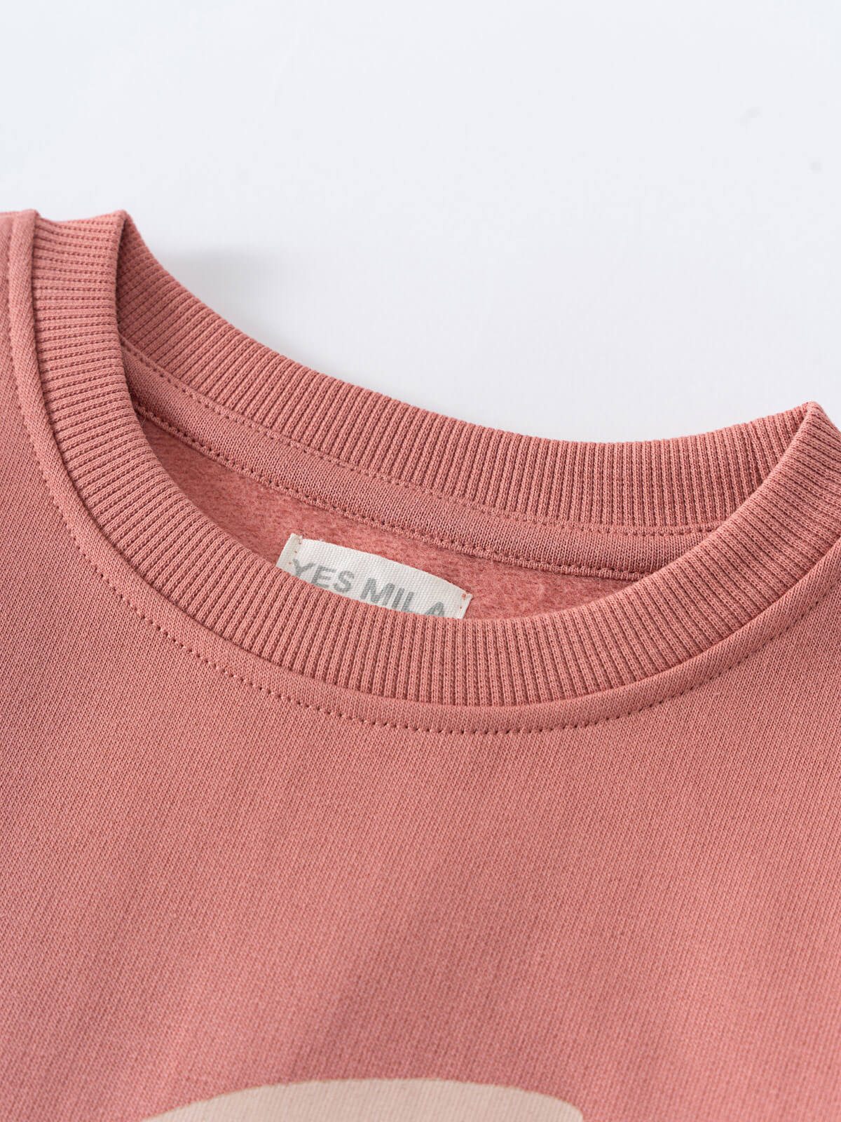 Close-up of a dusty rose sweatshirt neckline with white label Feature Print Sweatshirt - Forest Gathering Girls