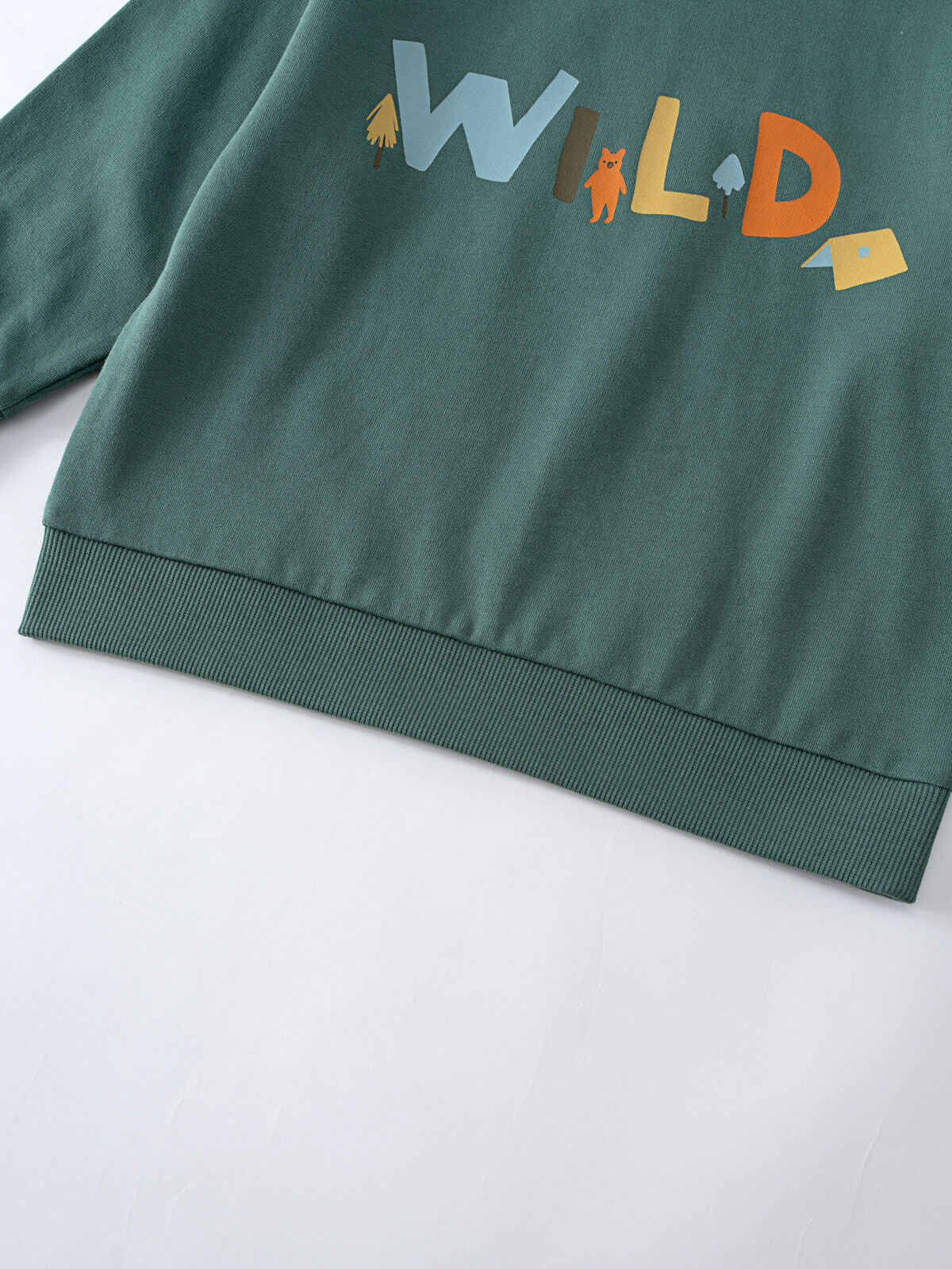 Close-up of green sweatshirt hem with colorful "WILD" text and nature graphics Feature Print Sweatshirt - Wild Baby boy