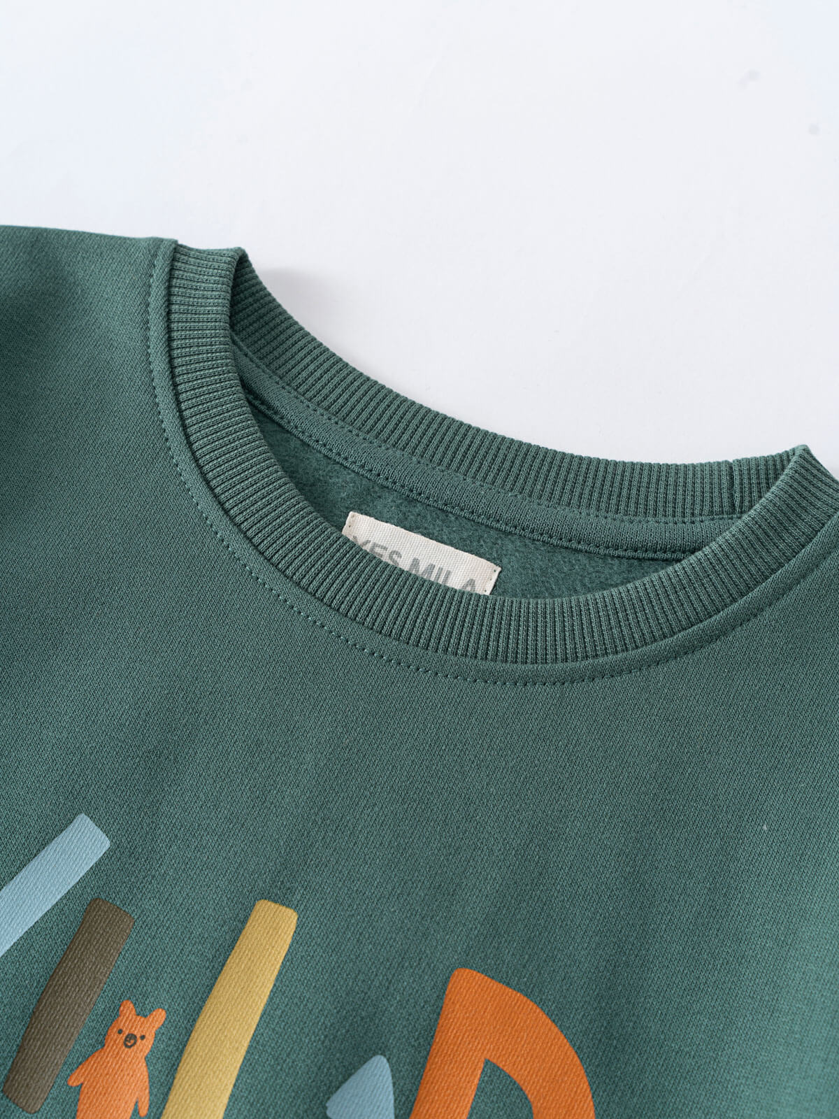 Close-up of a green sweatshirt collar with colorful graphic print below Feature Print Sweatshirt - Wild Baby boy