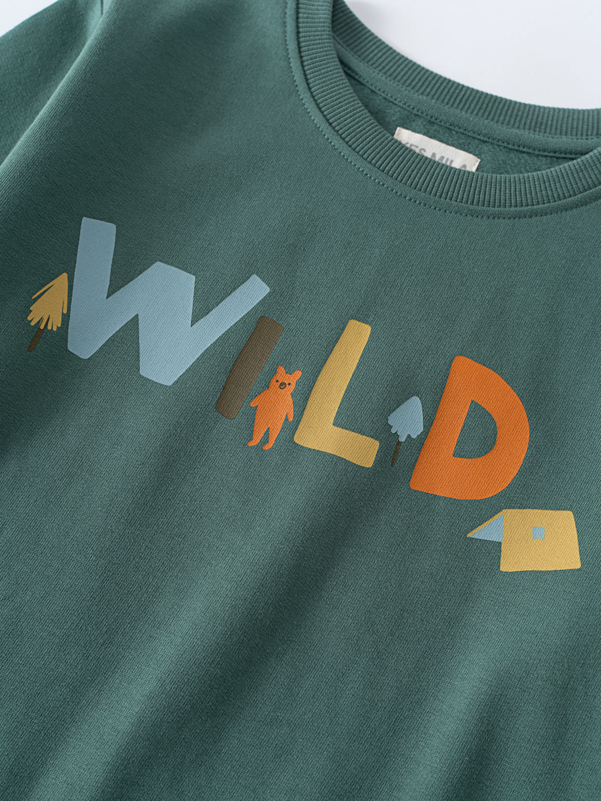 Close-up of a teal sweatshirt with colorful wild-themed letters and small illustrations Feature Print Sweatshirt - Wild Baby boy