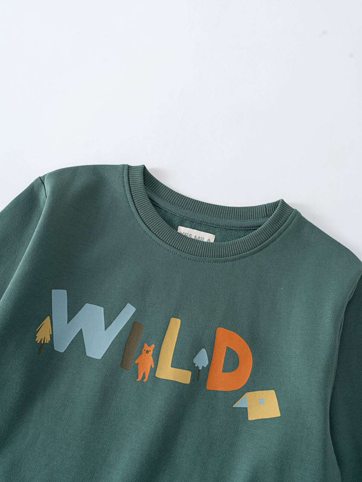 Close-up of a green sweatshirt with colorful "WILD" lettering and small animal graphics Feature Print Sweatshirt - Wild Baby boy