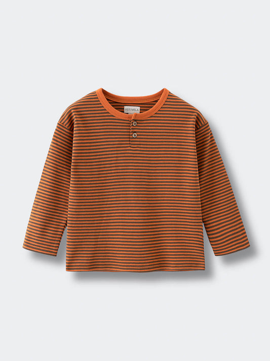 Orange and gray striped long sleeve shirt with two buttons at neckline Henley Long Sleeve Tee - Pumpkin Boys
