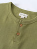 Close-up of olive green henley shirt collar with two brown buttons Henley Short Sleeve Tee - Moss Boys