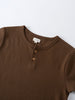 Close-up of a brown henley shirt with two buttons Henley Short Sleeve Tee - Spruce Boys