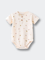 Cream-colored baby bodysuit with small scattered print and button placket Henley Short Sleeve Bodysuit - Autumn Harvest Ecru Baby girl