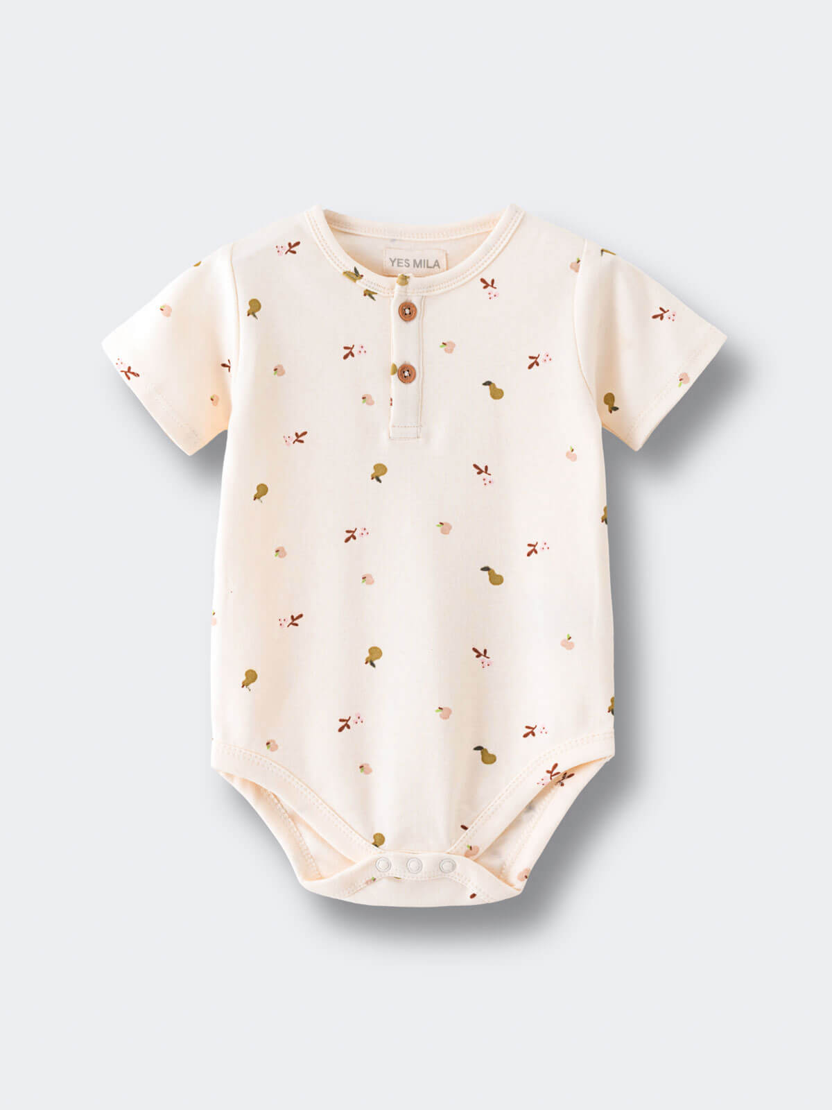 Cream-colored baby bodysuit with small scattered print and button placket Henley Short Sleeve Bodysuit - Autumn Harvest Ecru Baby girl