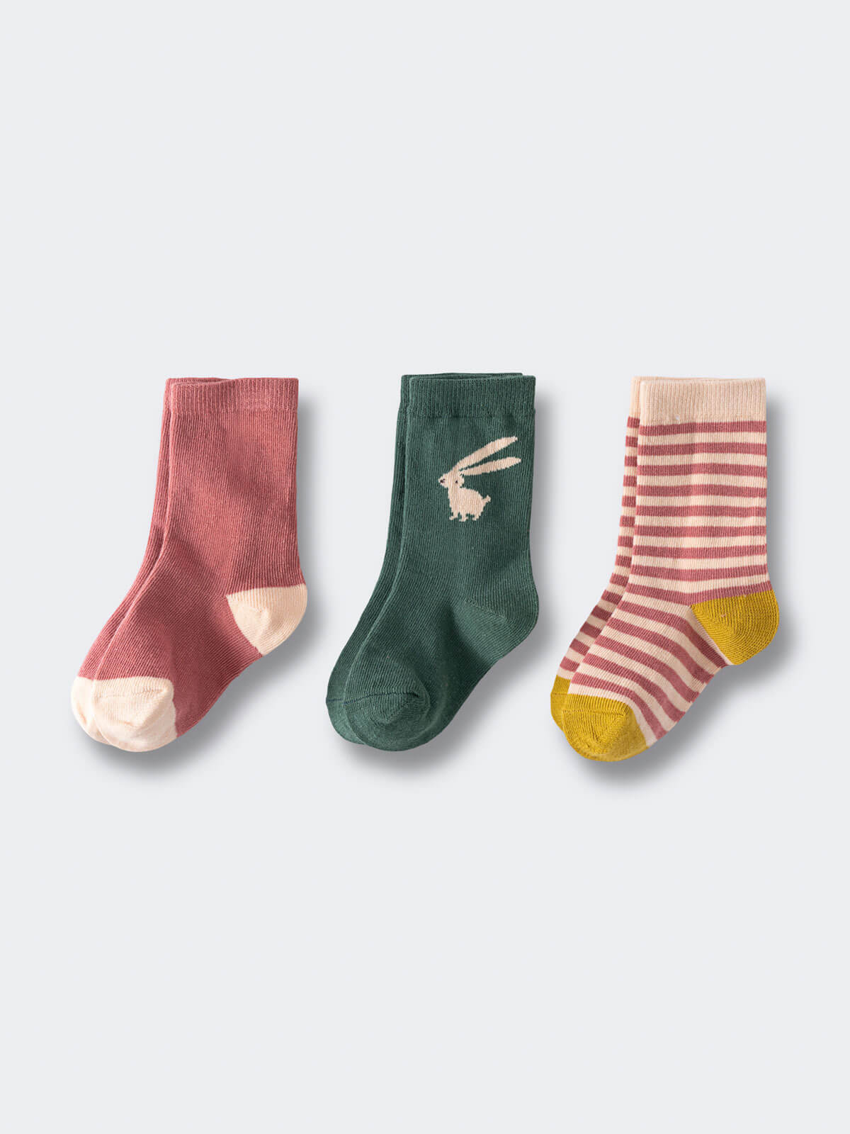 Three pairs of children's socks with solid, striped, and bunny designs Kids Socks 3 Pack - Bunny Girls