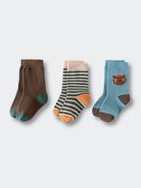 Three pairs of children's socks in brown, striped, and blue with bear design Kids Socks 3 Pack - Bear Boys