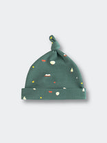 Green baby hat with printed trees, animals, and clouds pattern Knot Hat - Mountain View Balsam Baby boy