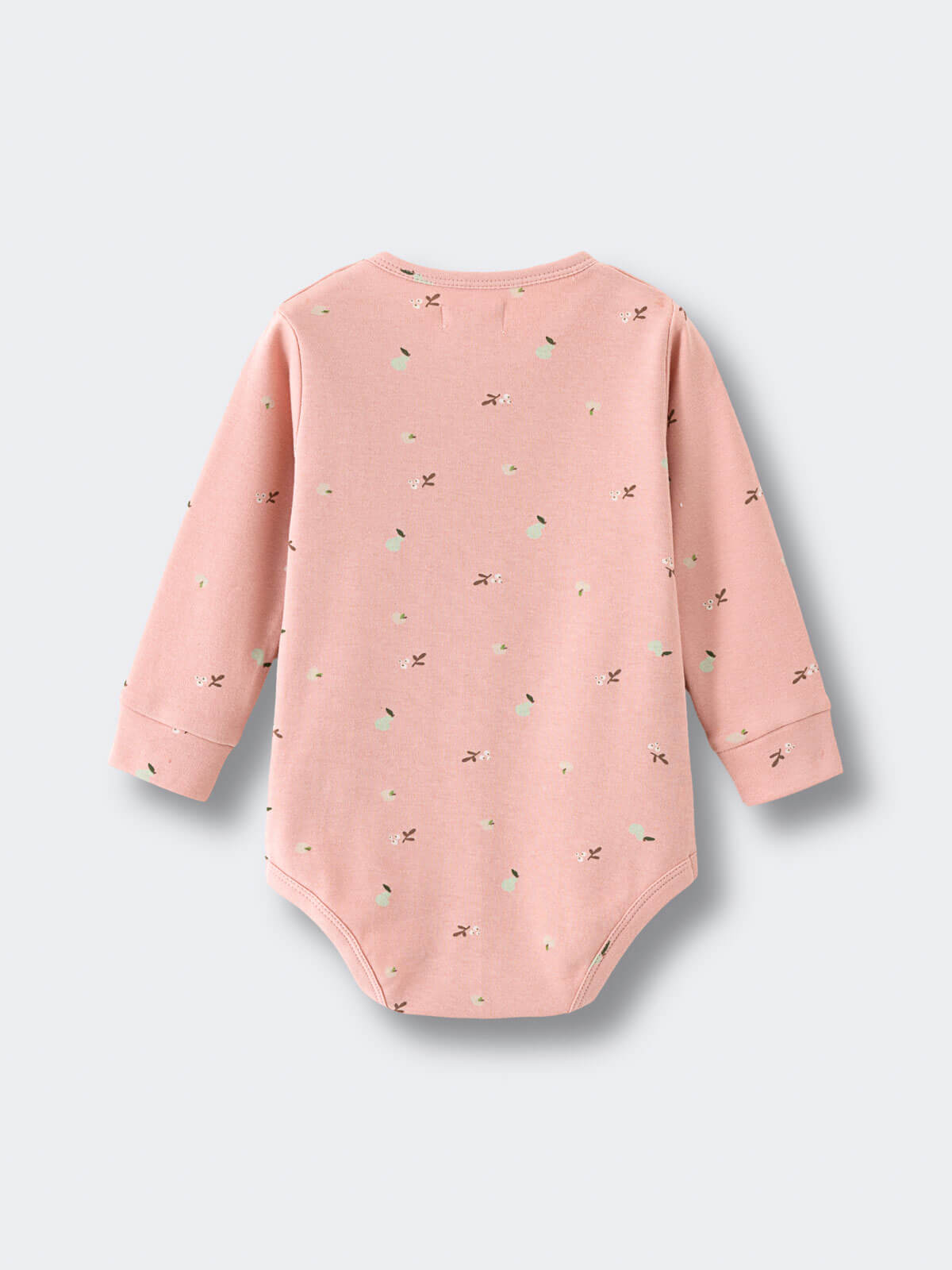 Pink baby bodysuit with small floral and fruit pattern print Long Sleeve Bodysuit - Autumn Harvest Rosehip Baby girl