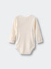 Cream-colored ribbed baby bodysuit with pointelle knit pattern laid flat Pointelle Crossover Bodysuit - Ecru Baby boy