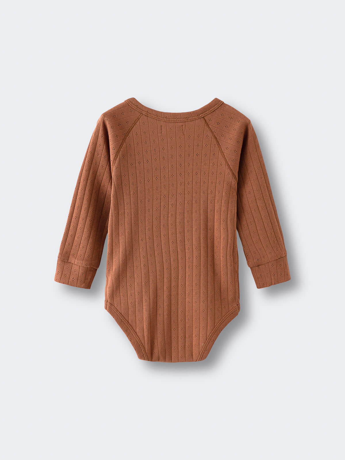 Brown ribbed pointelle knit bodysuit laid flat on light background Pointelle Crossover Bodysuit - Russet Baby boy