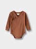 Brown ribbed baby bodysuit with crossover front and long sleeves Pointelle Crossover Bodysuit - Russet Baby boy