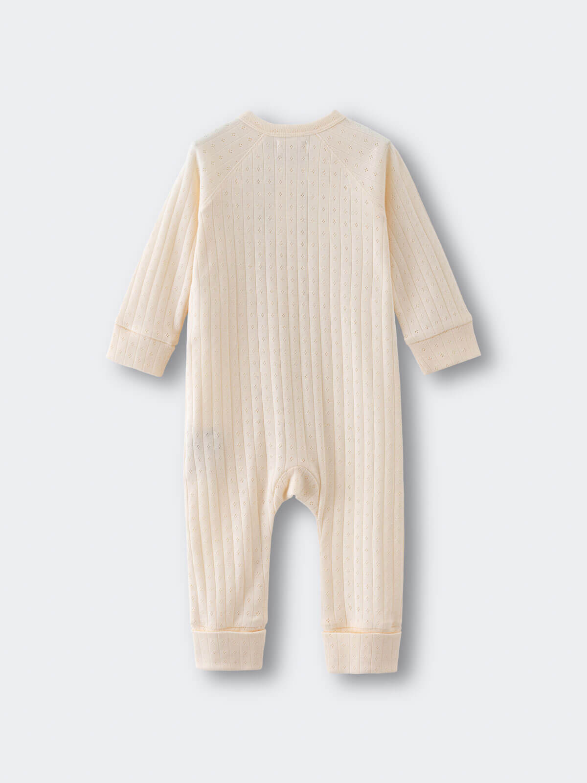 Beige baby onesie on a light gray background Pointelle Long Sleeve One Piece - Ecru Baby boy