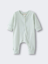Light green baby onesie with a zipper on a white background Pointelle Long Sleeve One Piece - Sea Foam Baby boy
