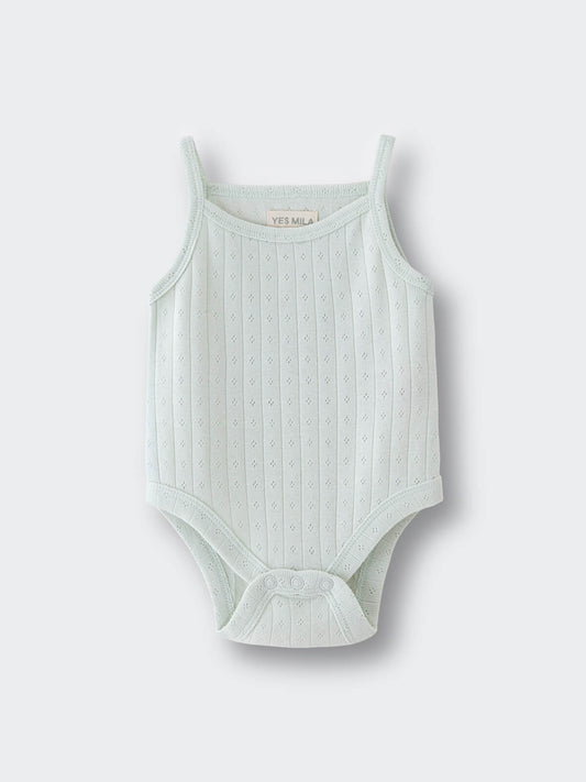 Light green ribbed knit baby bodysuit with straps on white background Pointelle Singlet Bodysuit - Sea Foam Baby boy