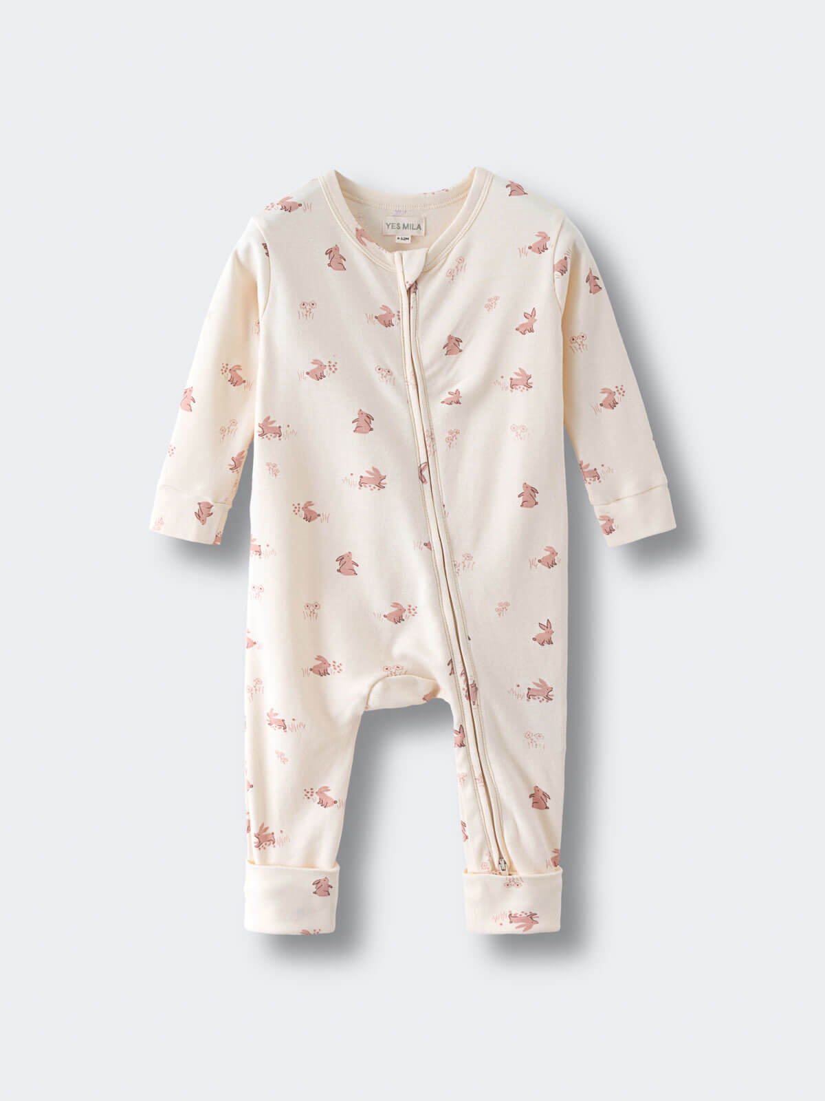 Cream-colored baby onesie with pink bunny print and front zipper Printed Long Sleeve One Piece - Meadow Friends Ecru Baby girl