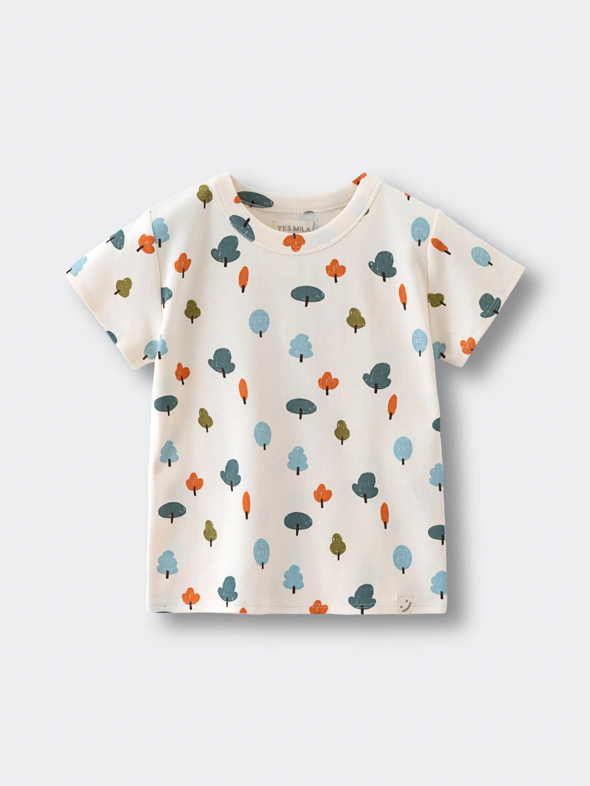 Cream-colored t-shirt with small tree pattern in blue, orange, and green Printed Short Sleeve Tee - Forest Adventure Ecru Boys